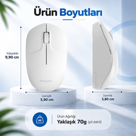Philips SPK7358W Kablosuz 1600 DPI Sessiz Tıklama Optik Mouse 2.4GHz Wireless Ergonomik Beyaz
