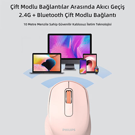 Philips SPK7448 Bluetooth 5.2 ve 2.4GHz 1600DPI Sessiz Optik Kablosuz Mouse Pembe