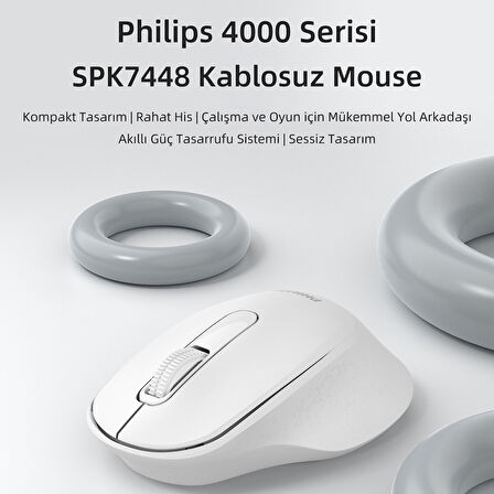 Philips SPK7448 Bluetooth 5.2 ve 2.4GHz 1600DPI Sessiz Optik Kablosuz Mouse Beyaz
