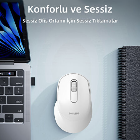 Philips SPK7448 Bluetooth 5.2 ve 2.4GHz 1600DPI Sessiz Optik Kablosuz Mouse Beyaz