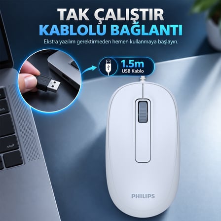 Philips SPK7238J USB Kablolu 1200 DPI Optik Mouse Hafif Ergonomik Günlük Kullanım Açık Mavi
