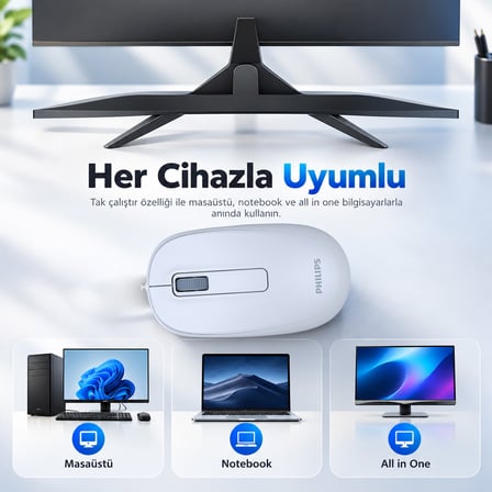 Philips SPK7238J USB Kablolu 1200 DPI Optik Mouse Hafif Ergonomik Günlük Kullanım Açık Mavi