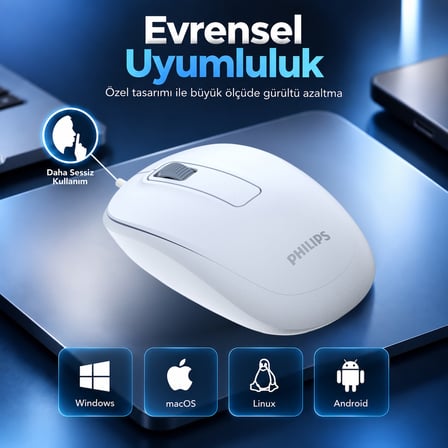 Philips SPK7238J USB Kablolu 1200 DPI Optik Mouse Hafif Ergonomik Günlük Kullanım Açık Mavi