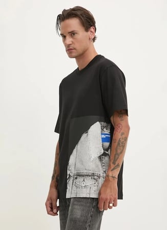 Karl Lagerfeld Jeans Bisiklet Yaka Baskılı Siyah Erkek T-Shirt 246D1701_KLJ RELAXED TROMPE LOEIL T