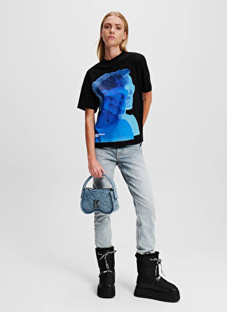 Karl Lagerfeld Jeans Yuvarlak Yaka Baskılı Siyah Kadın T-Shirt 246J1707