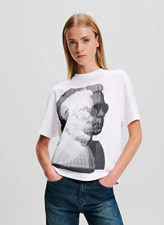 Karl Lagerfeld Jeans Yuvarlak Yaka Baskılı Beyaz Kadın T-Shirt 246J1707