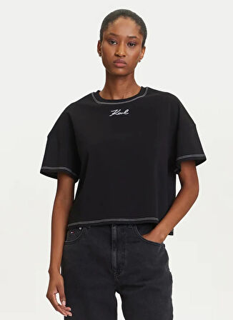 KARL LAGERFELD Yuvarlak Yaka Düz Siyah Kadın T-Shirt A3W17019