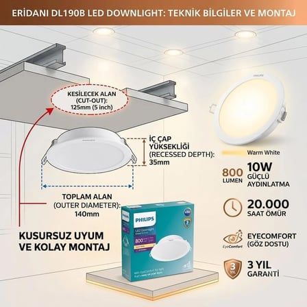 Philips Eridani DL190B 10w 125mm Delik Çapı 3000K Sarı Işık 800Lümen Spot