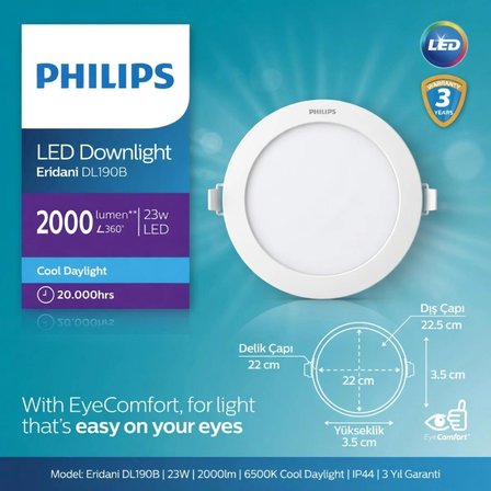 Philips 23w  led  2000lumen  ( 6500k) cool daylight delik çapı 20cm dış çapı 22.5 cm  yükseklik 4cm