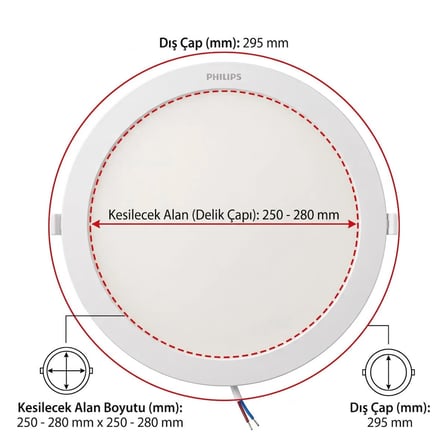 Philips 24w 2200 lumen beyaz ışık 6500k sıva altı yuvarlak kesim yeri 250-280mm