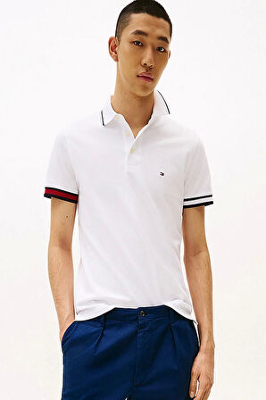 Tommy Hilfiger Erkek  İmza Manşetli  Beyaz polo T-Shirt