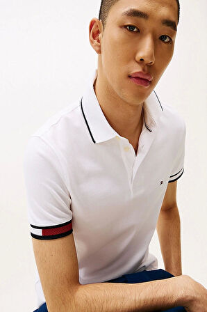 Tommy Hilfiger Erkek  İmza Manşetli  Beyaz polo T-Shirt