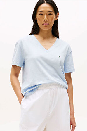 Kadın Slub Crop V-Yaka Kısa Kol T-Shirt - Açık Mavi | M