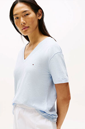Kadın Slub Crop V-Yaka Kısa Kol T-Shirt - Açık Mavi | M