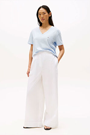 Kadın Slub Crop V-Yaka Kısa Kol T-Shirt - Açık Mavi | M