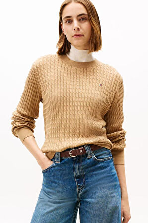 Kadın Bisiklet Yaka Saç Örgülü Pamuklu Triko Kazak - Camel | M