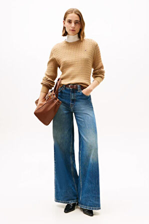 Kadın Bisiklet Yaka Saç Örgülü Pamuklu Triko Kazak - Camel | M