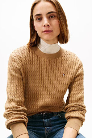 Kadın Bisiklet Yaka Saç Örgülü Pamuklu Triko Kazak - Camel | M