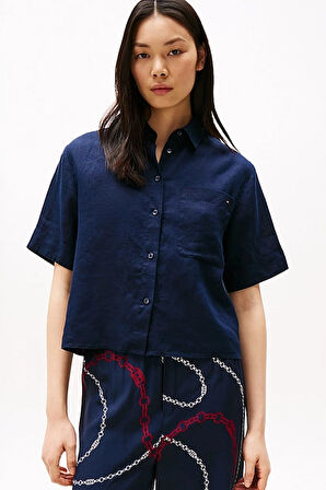 Kadın Th Relaxed Keten Gömlek - Lacivert | 32