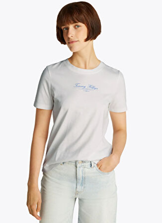 Tommy Hilfiger Bisiklet Yaka Beyaz Kadın T-Shirt WW0WW45428YBL