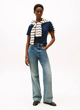 Tommy Hilfiger Yuvarlak Yaka Nakışlı Mavi Kadın T-Shirt WW0WW40587C1G