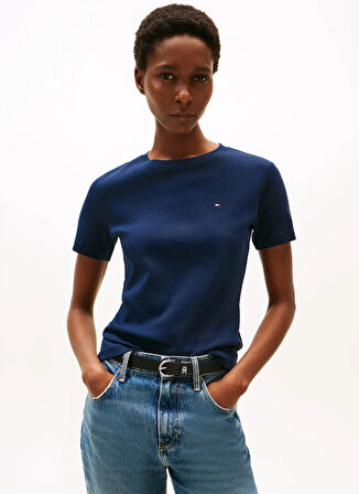 Tommy Hilfiger Yuvarlak Yaka Nakışlı Mavi Kadın T-Shirt WW0WW40587C1G