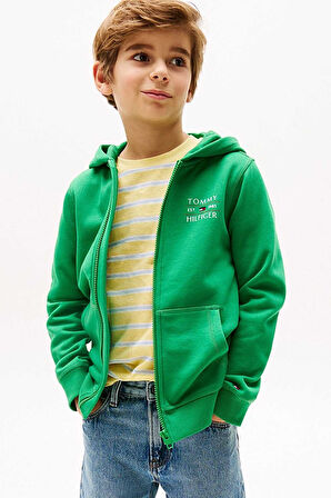 Erkek Çocuk Tommy Flag Fermuarlı Kapüşonlu Sweatshirt - Yeşil | 8 Yaş