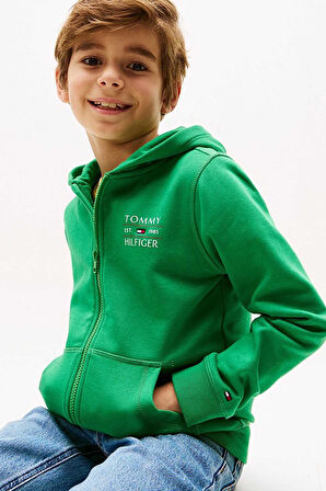 Erkek Çocuk Tommy Flag Fermuarlı Kapüşonlu Sweatshirt - Yeşil | 8 Yaş
