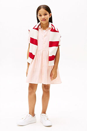 Kız Çocuk Th Çizgili Kısa Kollu Gömlek Elbise - Pudra | 6 Yaş
