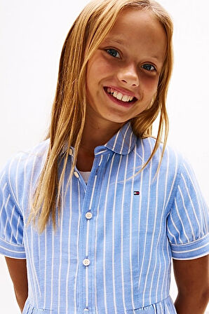 Kız Çocuk Th Çizgili Kısa Kollu Gömlek Elbise - Mavi | 8 Yaş