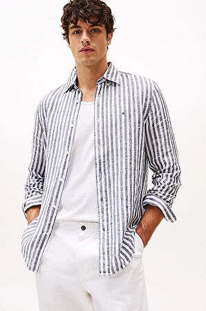 Erkek Th Linen Çizgili Gömlek - Lacivert | XL