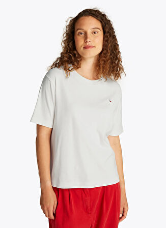 Tommy Hilfiger Bisiklet Yaka Beyaz Kadın T-Shirt WW0WW46158YBL