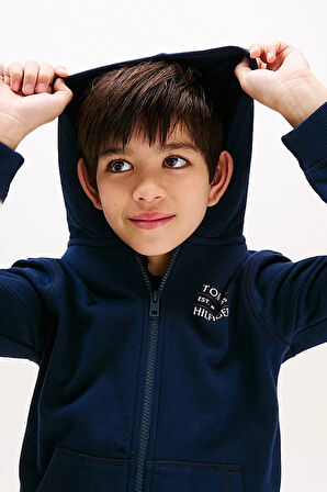 Erkek Çocuk Tommy Flag Fermuarlı Kapüşonlu Sweatshirt - Lacivert | 8 Yaş