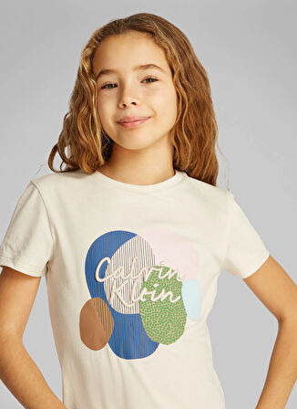 Calvin Klein Baskılı Bej Kız Çocuk T-Shirt IG0IG02800CKS
