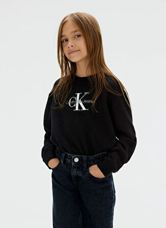 Calvin Klein Bisiklet Yaka Regular Fit Baskılı Siyah Kız Çocuk Kazak IG0IG02830BEH