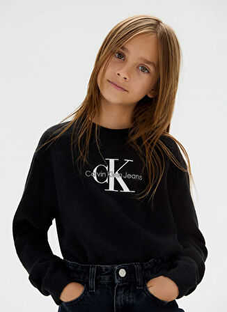 Calvin Klein Bisiklet Yaka Regular Fit Baskılı Siyah Kız Çocuk Kazak IG0IG02830BEH