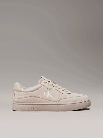 Calvin Klein Jeans Erkek Beyaz CK Logolu Bej Deri Sneaker