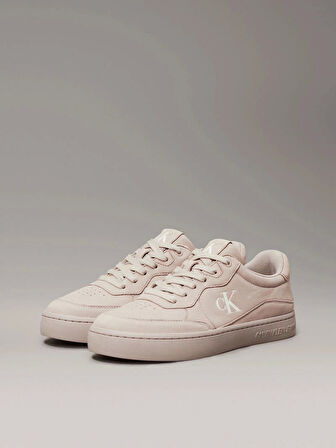 Calvin Klein Jeans Erkek Beyaz CK Logolu Bej Deri Sneaker