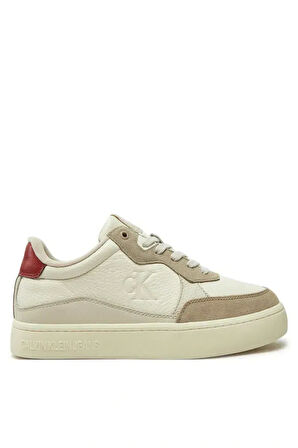 Calvin Klein Jeans Erkek Süet Detaylı Krem Deri Sneakers