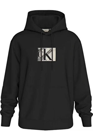 Calvin Klein Erkek Siyah Küçük Logolu Kapüşonlu Sweatshirt