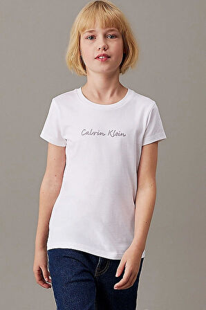 Kız Çocuk Ck Script Logo Slim T-Shirt - Beyaz | 12 Yaş