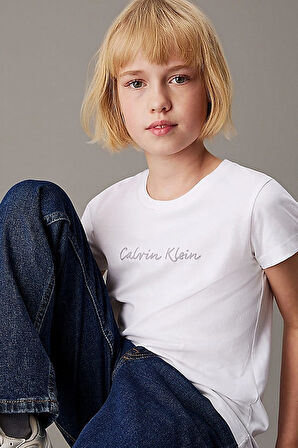 Kız Çocuk Ck Script Logo Slim T-Shirt - Beyaz | 12 Yaş