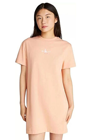 Calvin Klein Jeans Kadın Pamuklu Logolu Bej T-shirt Elbise