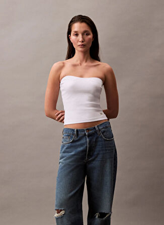 Calvin Klein Jeans Straplez Yaka Düz Beyaz Kadın T-Shirt J20J225310YAA