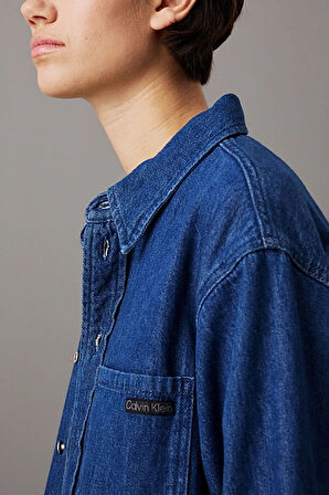 Kadın Ck Crop Dad Denim Gömlek - Mavi | L