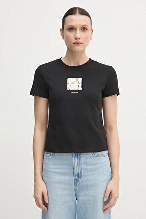 Calvin Klein Kadın Siyah Grafik Baskılı Siyah T-shirt