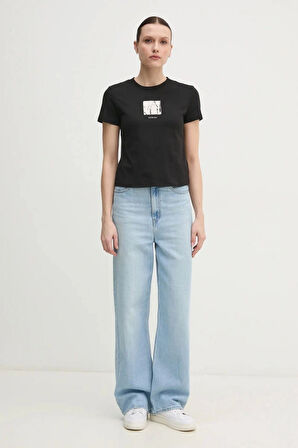 Calvin Klein Kadın Siyah Grafik Baskılı Siyah T-shirt