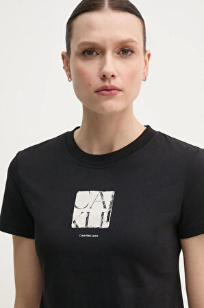 Calvin Klein Kadın Siyah Grafik Baskılı Siyah T-shirt