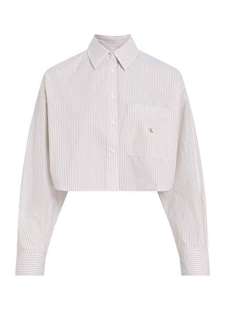 Calvin Klein Jeans Normal Normal Gömlek Yaka Gömlek Yaka Çizgili Çizgili Beyaz - Bej Kadın Gömlek J20J225078YAA J20J225078YAA