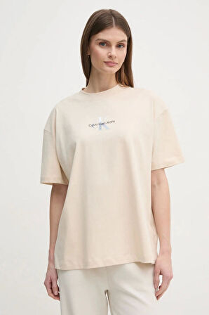 Calvin Klein Jeans Kadın Logo Baskılı Ekru T-shirt